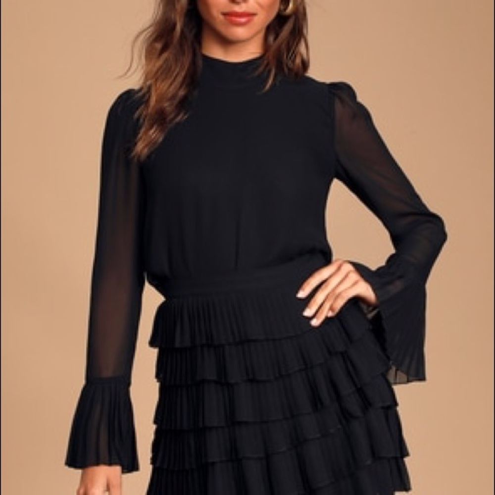 Black Longsleeve Short Dress with Ruffled Tiered Layered Skirt